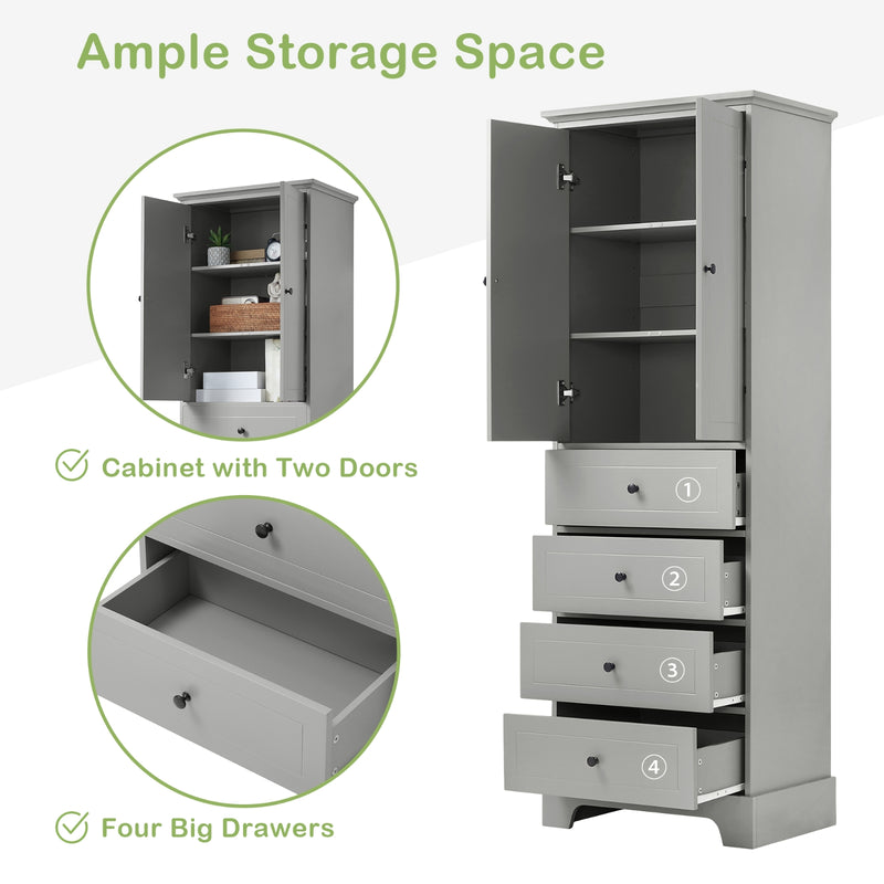 2-Door 4-Drawer Storage Cabinet, Adjustable Shelf MDF