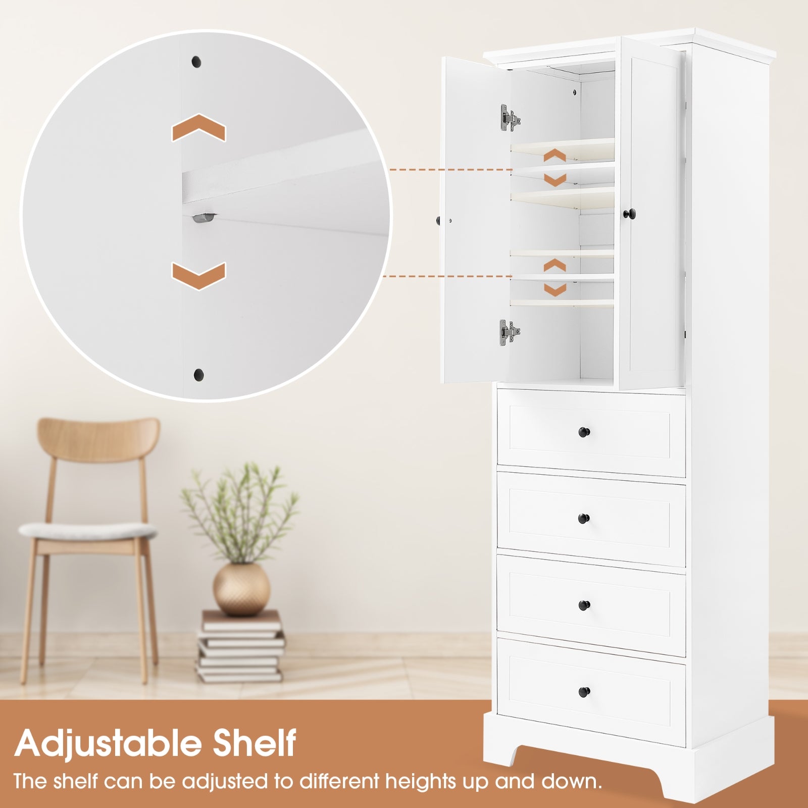 2-Door 4-Drawer Storage Cabinet, Adjustable Shelf MDF