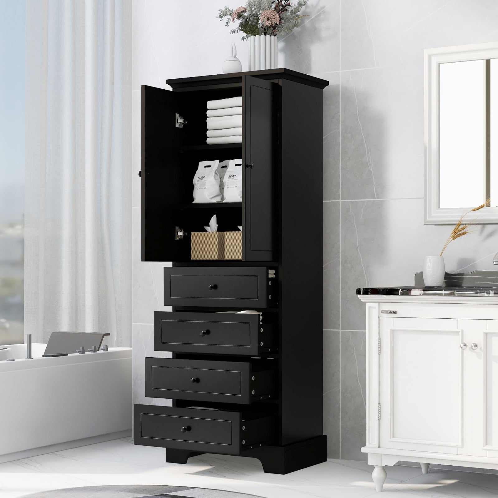 2-Door 4-Drawer Storage Cabinet, Adjustable Shelf MDF