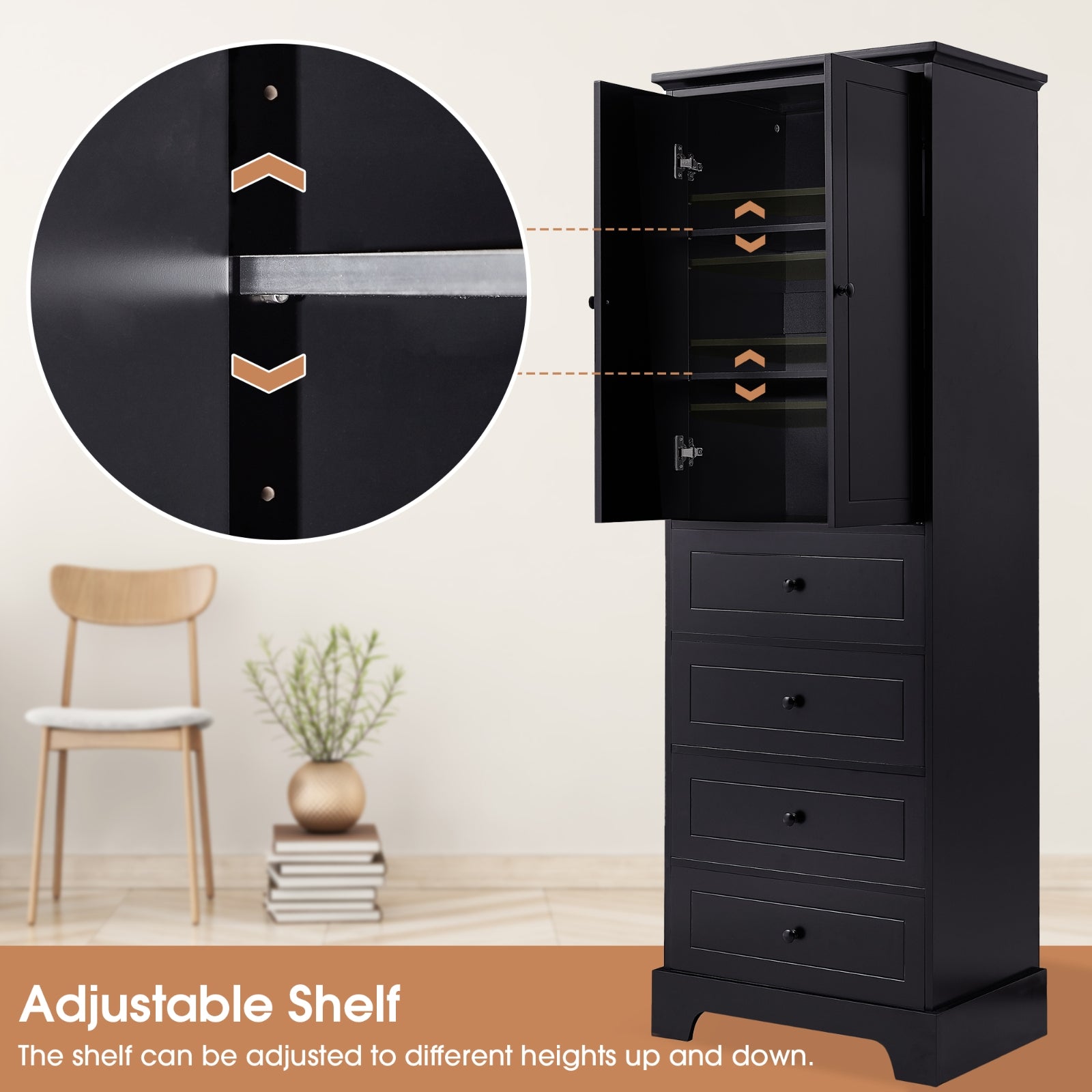 2-Door 4-Drawer Storage Cabinet, Adjustable Shelf MDF