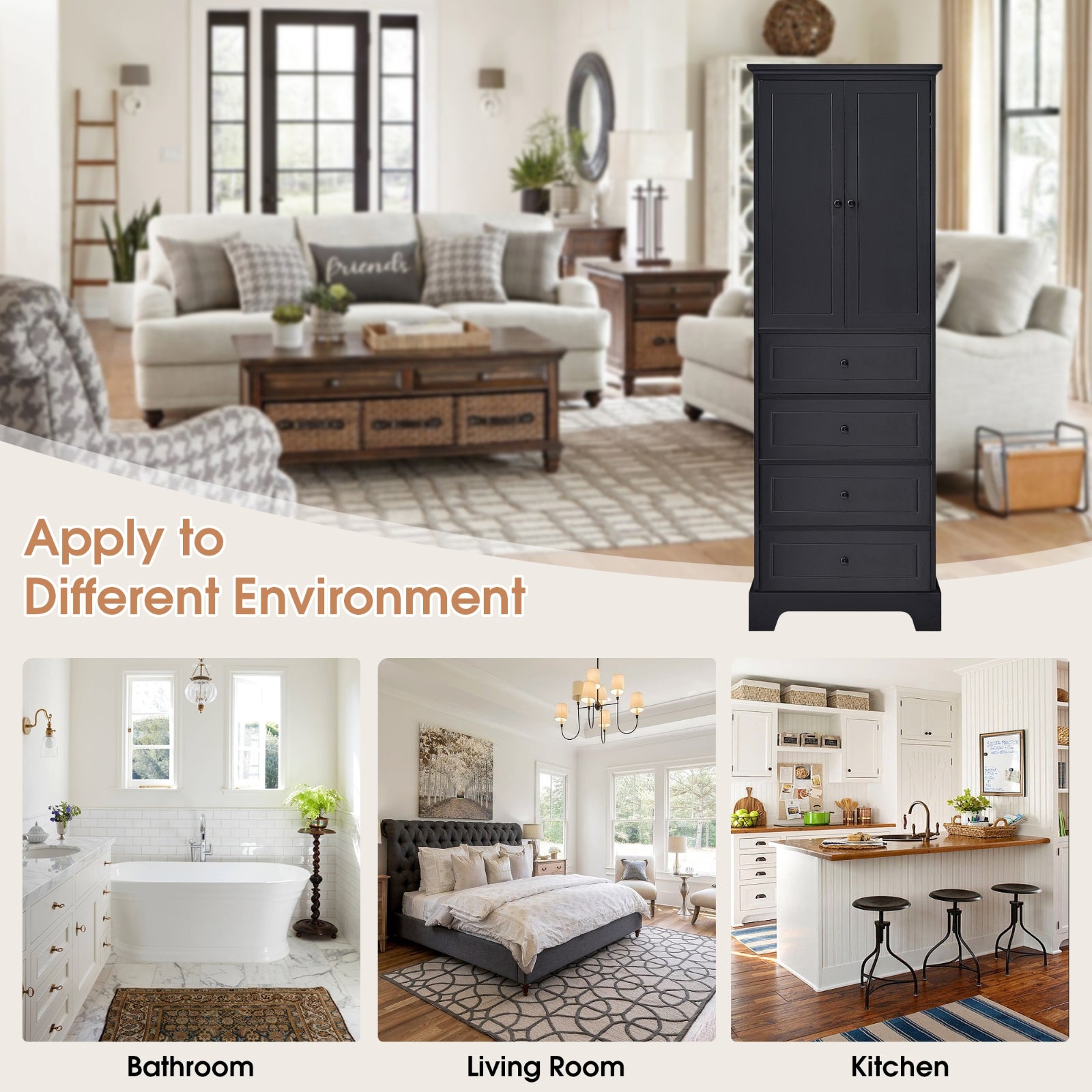 2-Door 4-Drawer Storage Cabinet, Adjustable Shelf MDF