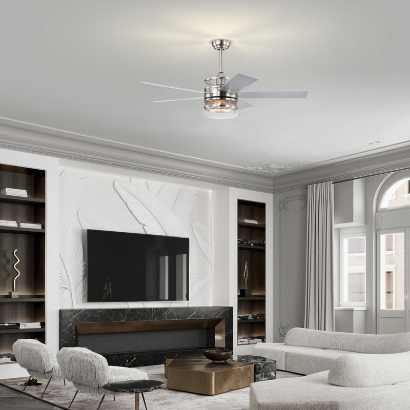 52" Ceiling Fan with Light & Crystal Shade, Nickel