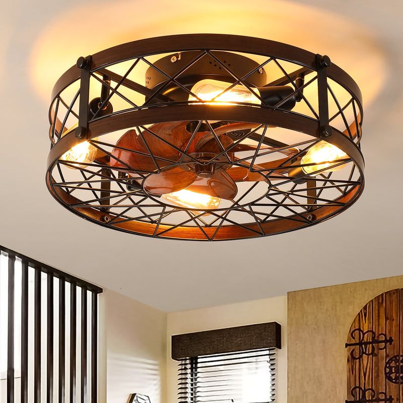 Black 20" Caged Ceiling Fans with Lights, Flush Mount, Farmhouse Small