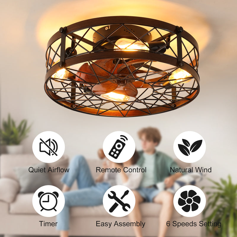 Black 20" Caged Ceiling Fans with Lights, Flush Mount, Farmhouse Small
