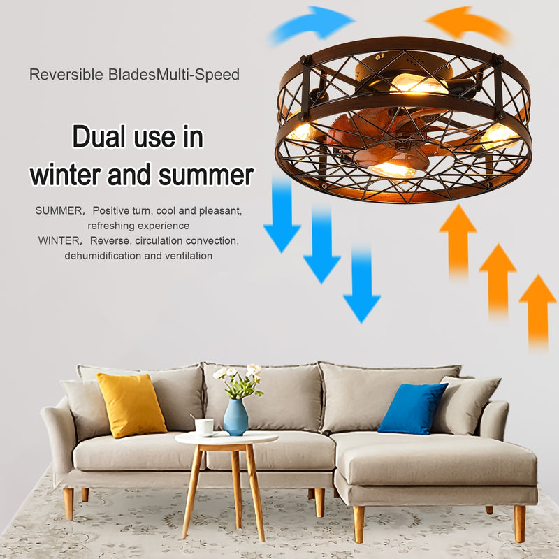 Black 20" Caged Ceiling Fans with Lights, Flush Mount, Farmhouse Small