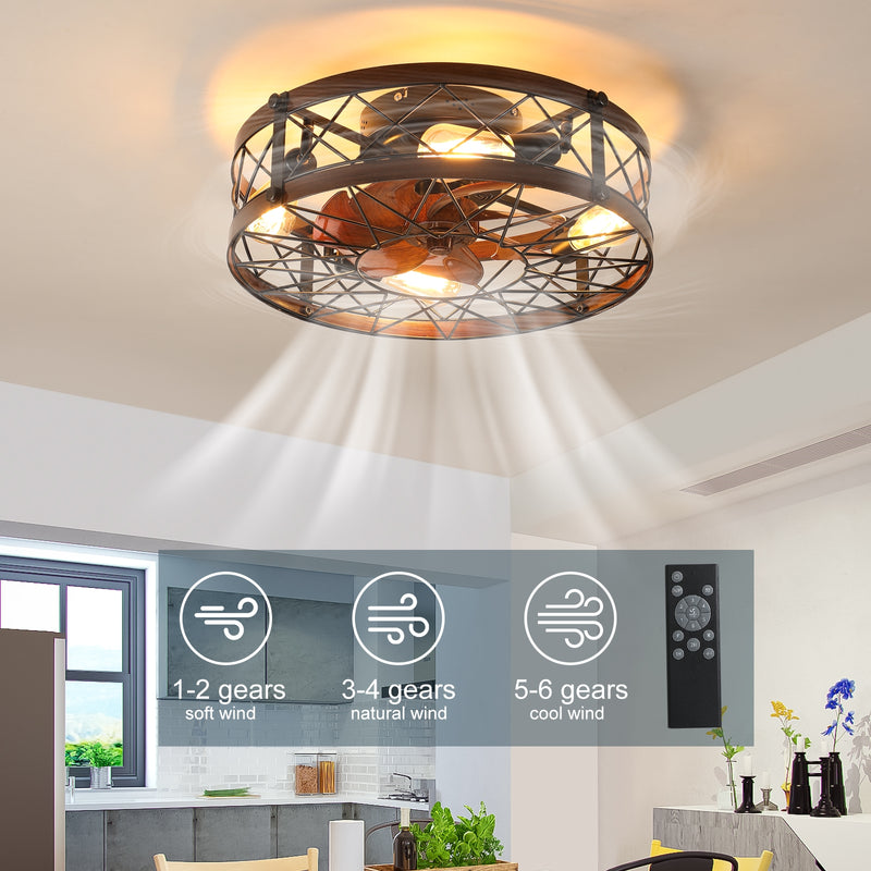 Black 20" Caged Ceiling Fans with Lights, Flush Mount, Farmhouse Small