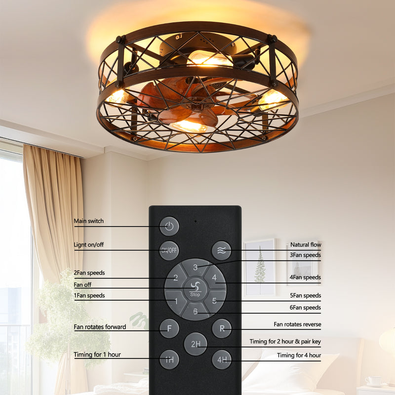 Black 20" Caged Ceiling Fans with Lights, Flush Mount, Farmhouse Small