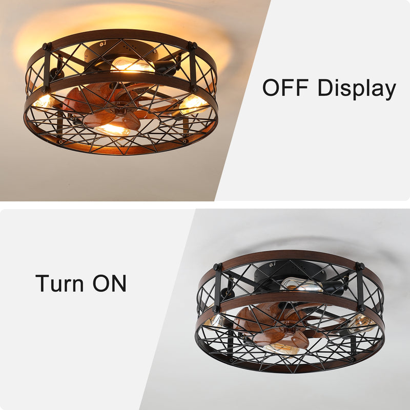 Black 20" Caged Ceiling Fans with Lights, Flush Mount, Farmhouse Small