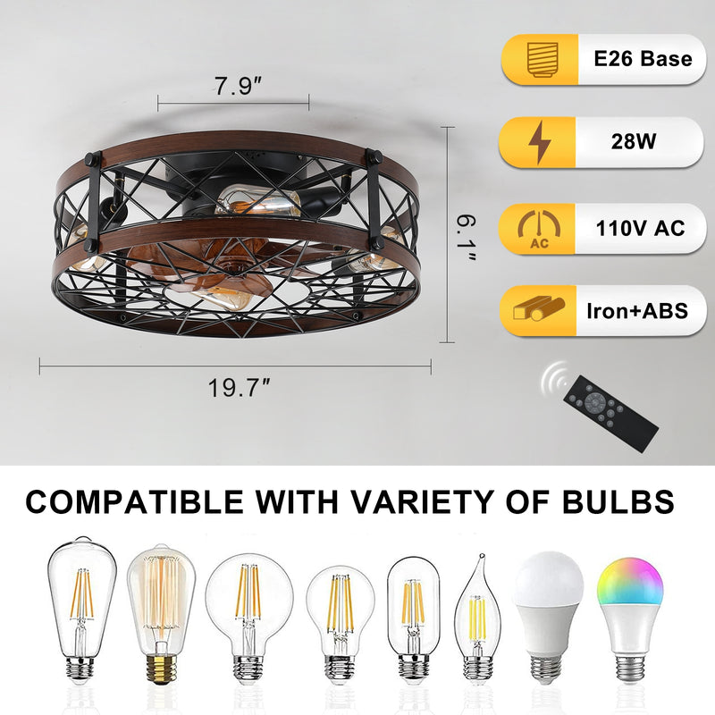 Black 20" Caged Ceiling Fans with Lights, Flush Mount, Farmhouse Small