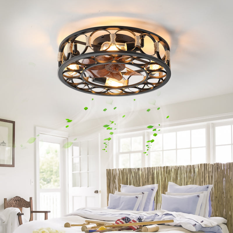 Caged Ceiling Fan with Lights, Remote, Low Profile Flush Mount Farmhouse Modern