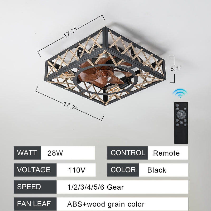 Farmhouse Rustic Ceiling Fan with Remote, Square Industrial Fixture, 6 Speed