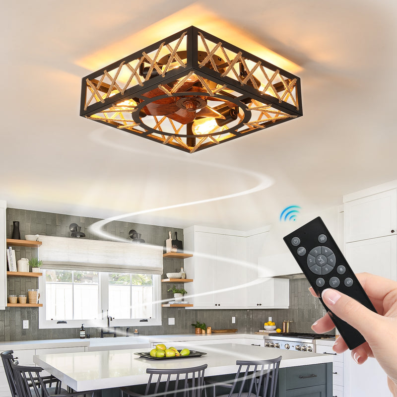 Farmhouse Rustic Ceiling Fan with Remote, Square Industrial Fixture, 6 Speed