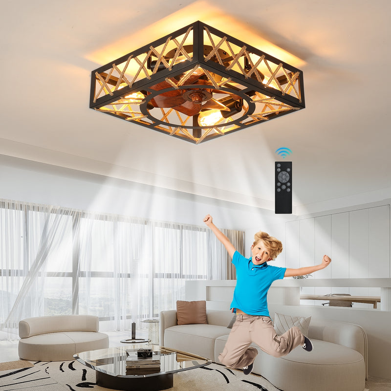 Farmhouse Rustic Ceiling Fan with Remote, Square Industrial Fixture, 6 Speed