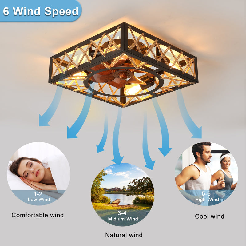 Farmhouse Rustic Ceiling Fan with Remote, Square Industrial Fixture, 6 Speed