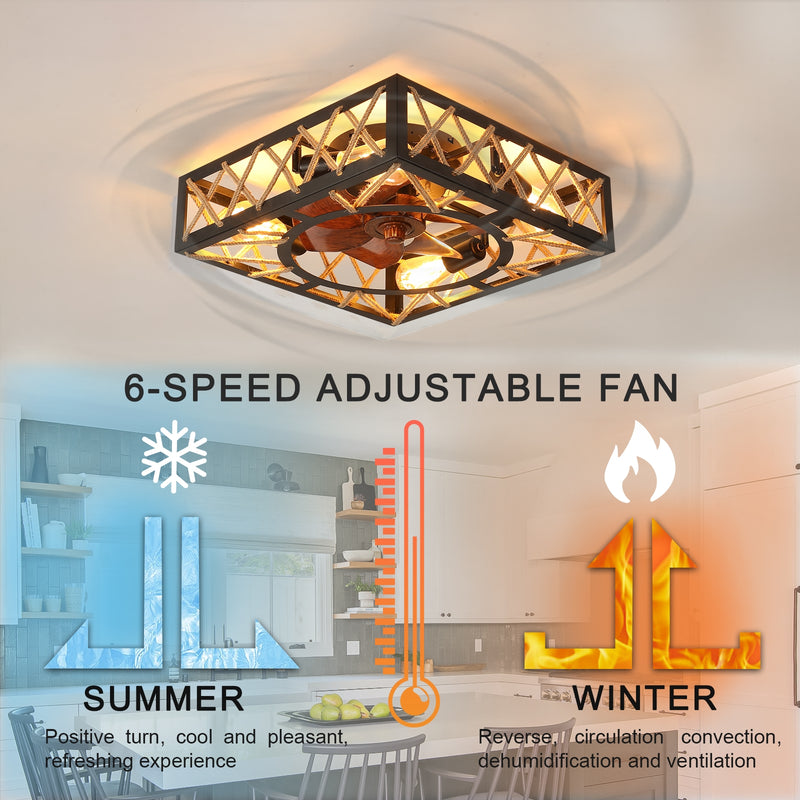 Farmhouse Rustic Ceiling Fan with Remote, Square Industrial Fixture, 6 Speed