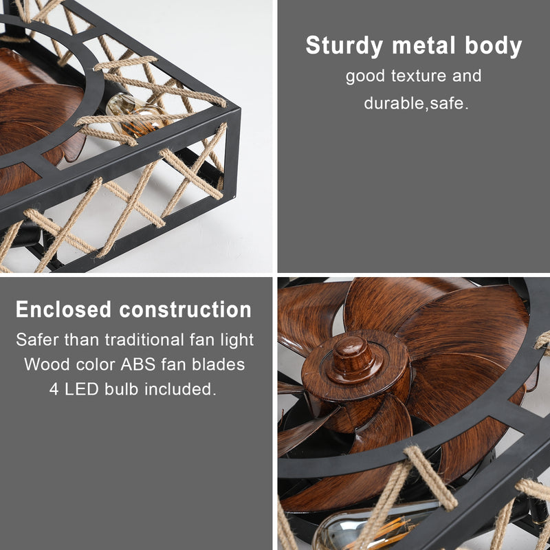 Farmhouse Rustic Ceiling Fan with Remote, Square Industrial Fixture, 6 Speed