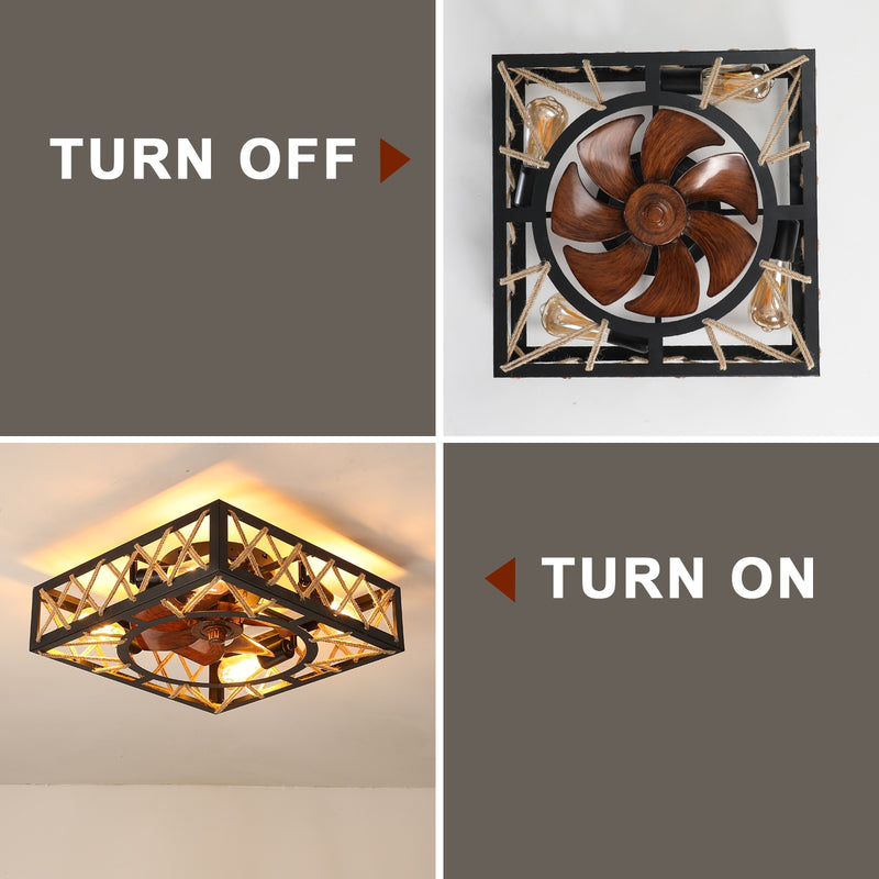 Farmhouse Rustic Ceiling Fan with Remote, Square Industrial Fixture, 6 Speed