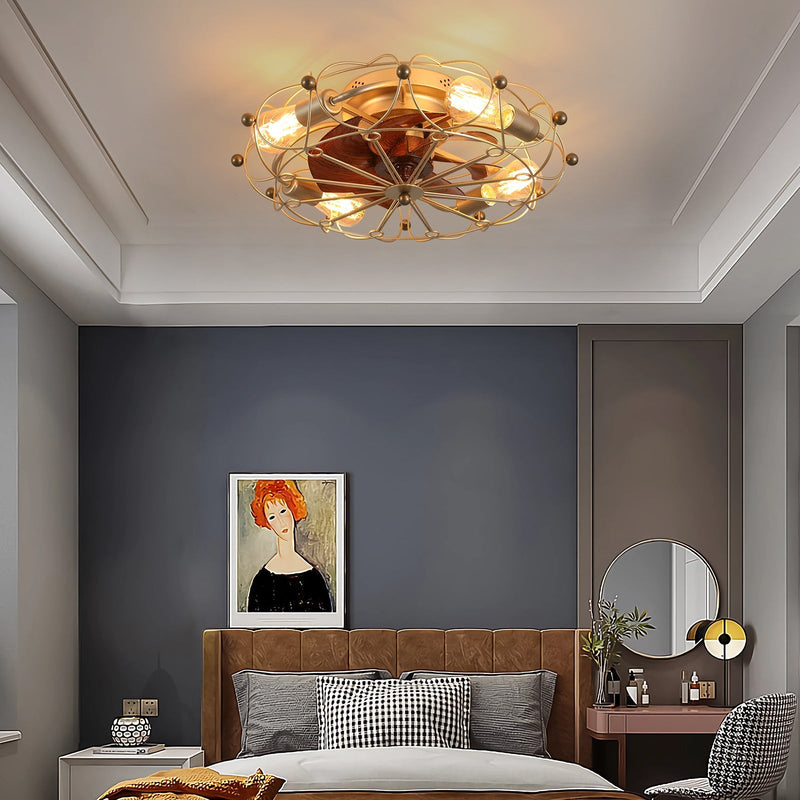 Low Profile Caged Ceiling Fan with Lights & Remote, Modern Industrial Style