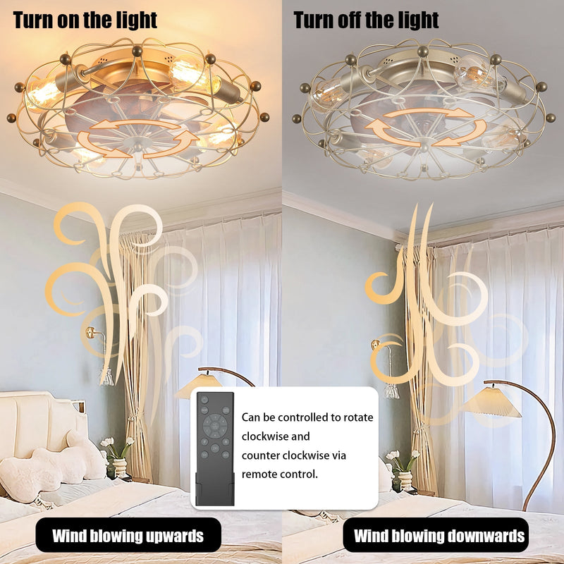 Low Profile Caged Ceiling Fan with Lights & Remote, Modern Industrial Style