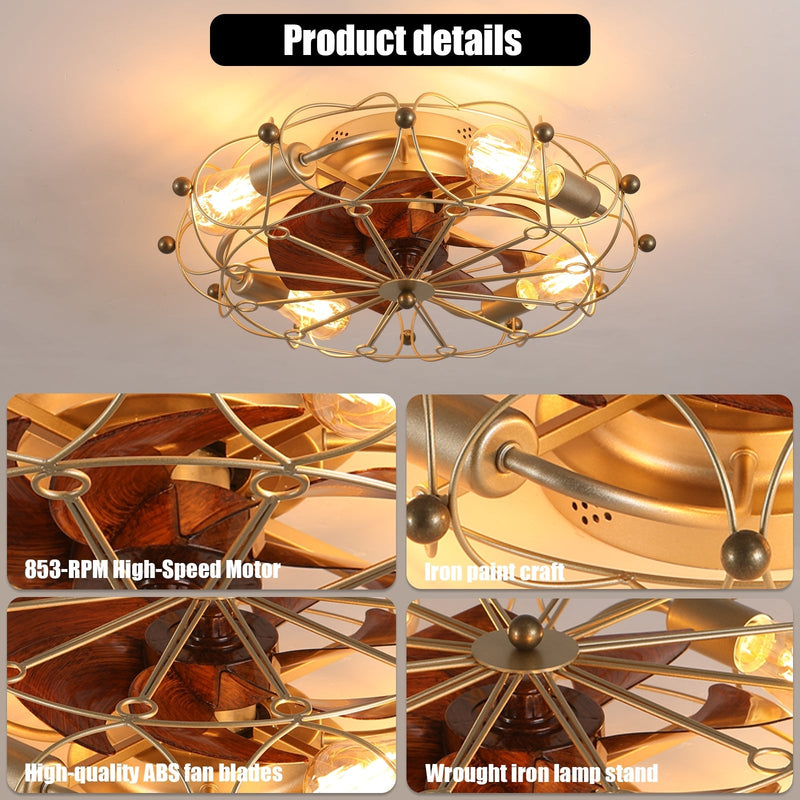 Low Profile Caged Ceiling Fan with Lights & Remote, Modern Industrial Style