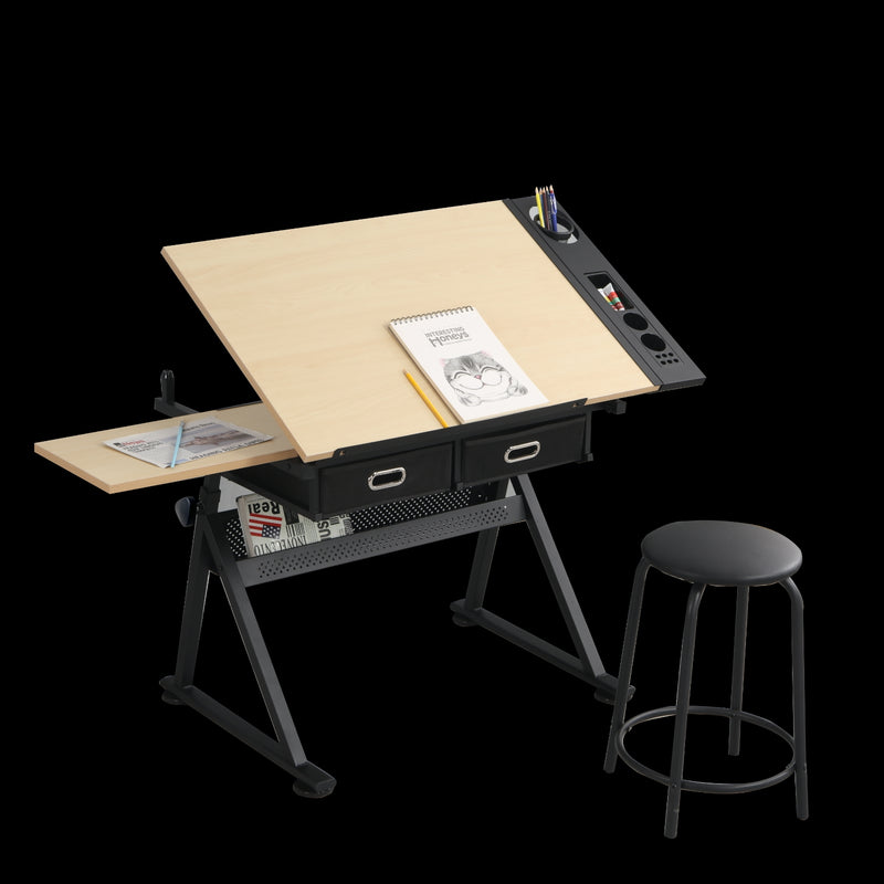 Adjustable Wood Drawing Desk with Storage & Stool