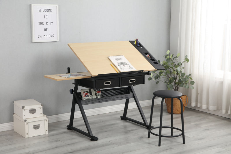 Adjustable Wood Drawing Desk with Storage & Stool