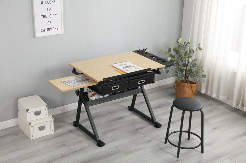 Adjustable Wood Drawing Desk with Storage & Stool