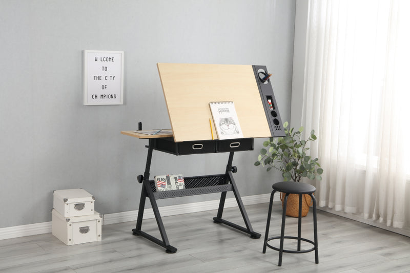 Adjustable Wood Drawing Desk with Storage & Stool