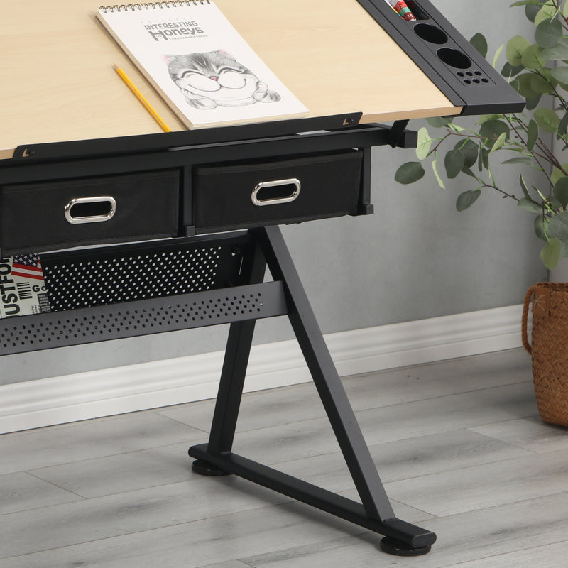 Adjustable Wood Drawing Desk with Storage & Stool
