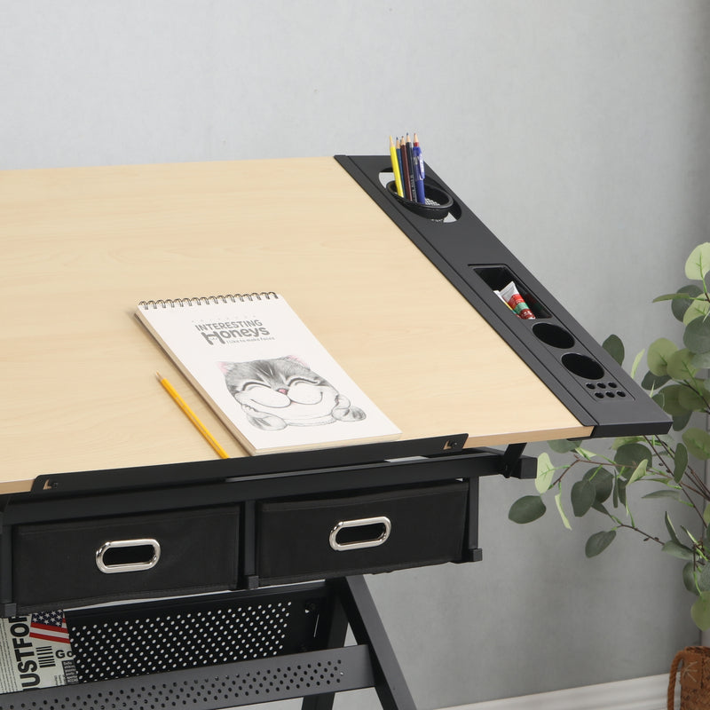 Adjustable Wood Drawing Desk with Storage & Stool
