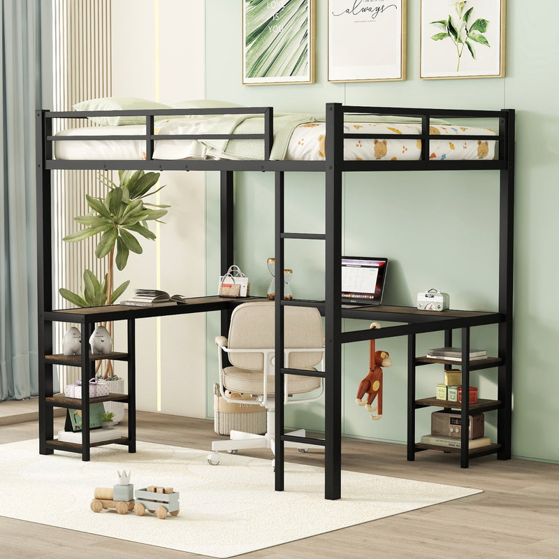 Full Metal Loft Bed with Desk, Shelves & Ladder