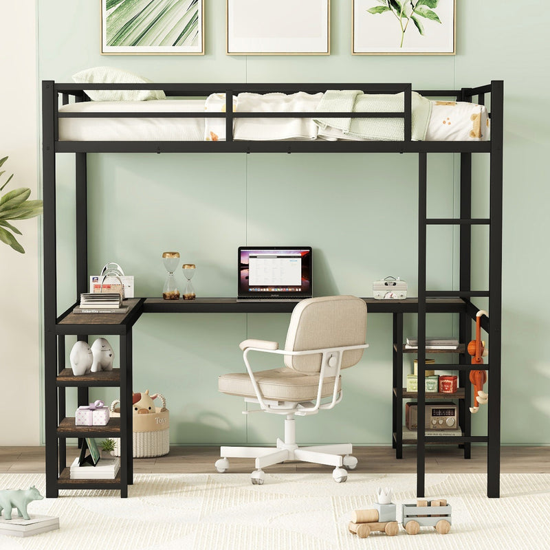 Full Metal Loft Bed with Desk, Shelves & Ladder