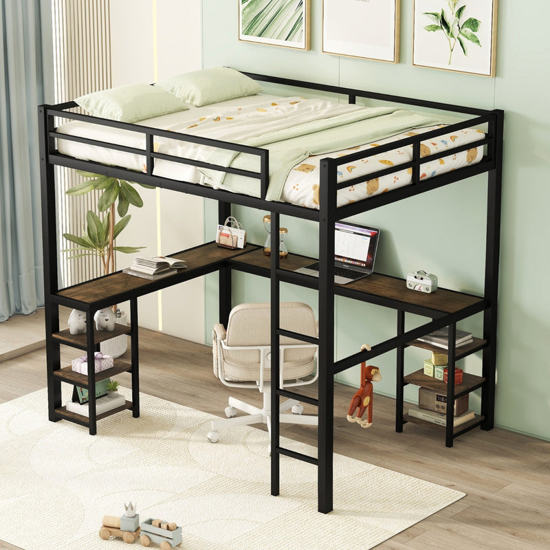 Full Metal Loft Bed with Desk, Shelves & Ladder