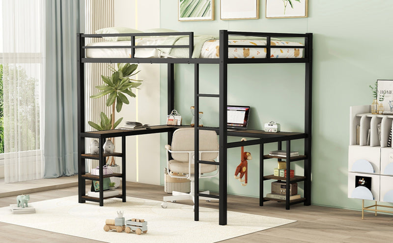 Full Metal Loft Bed with Desk, Shelves & Ladder