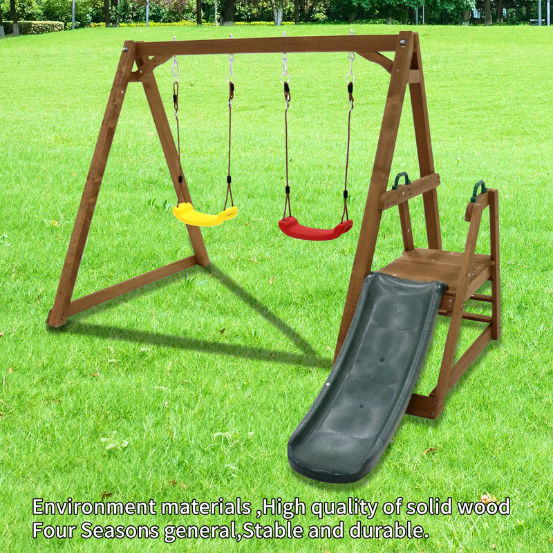 Backyard Wooden Swing Set with Slide for Kids