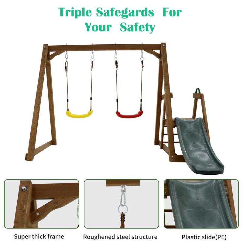 Backyard Wooden Swing Set with Slide for Kids