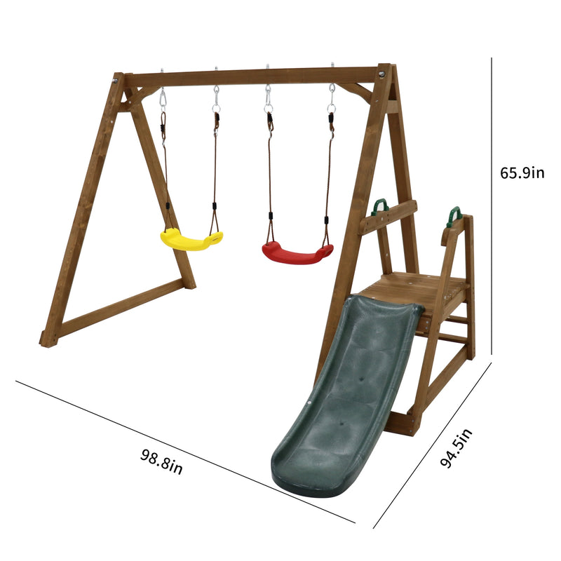 Backyard Wooden Swing Set with Slide for Kids