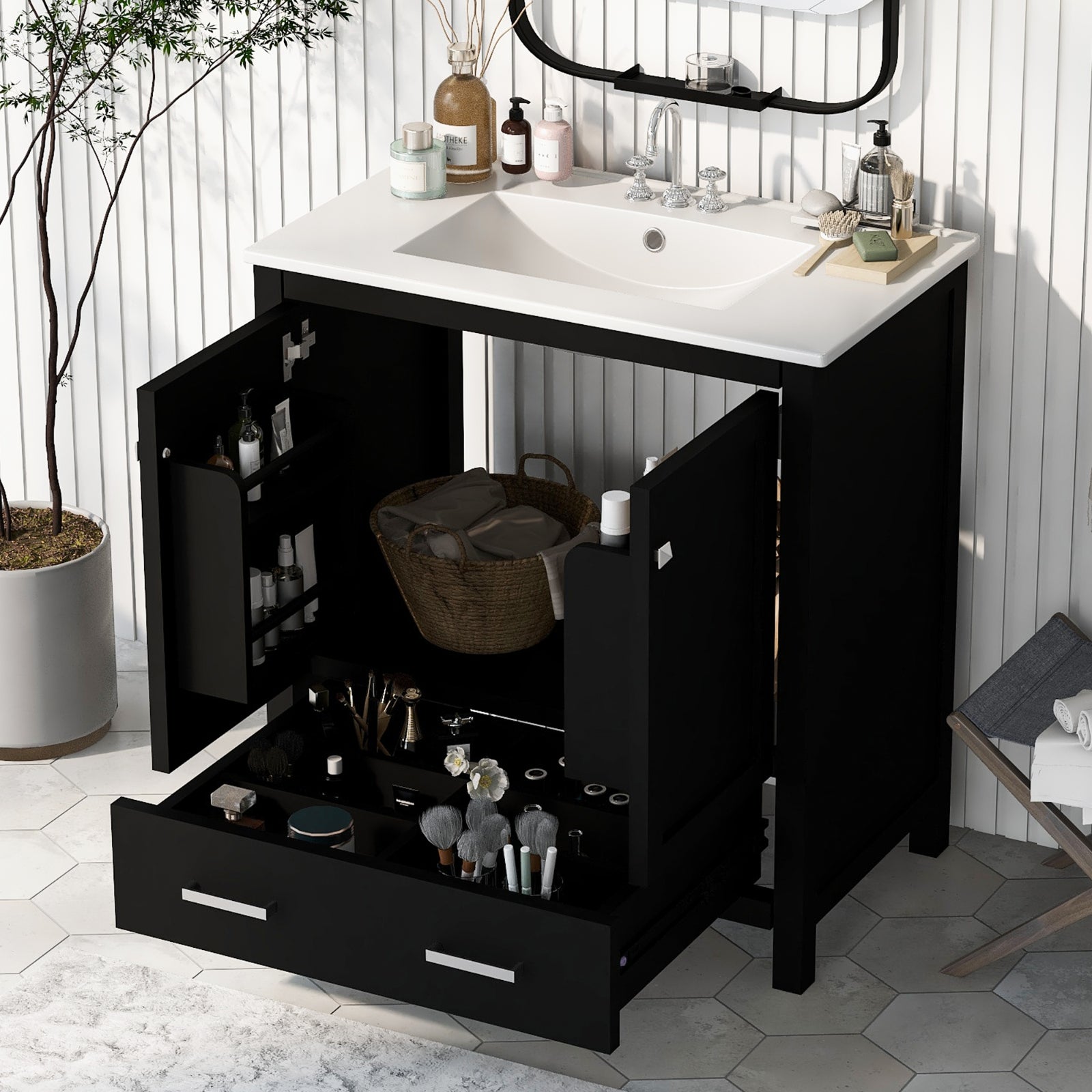30" Black Bathroom Vanity with Sink & Storage Cabinet