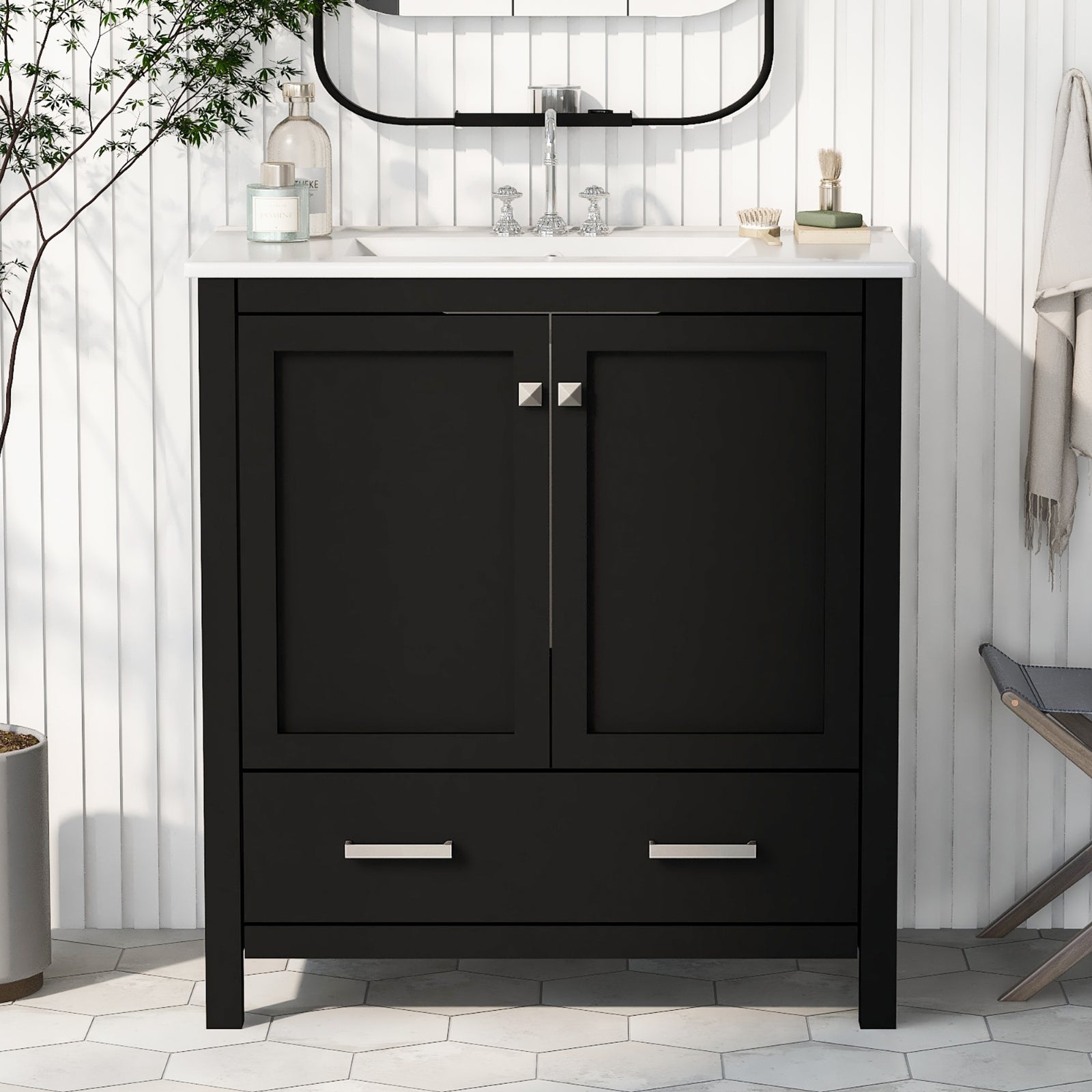 30" Black Bathroom Vanity with Sink & Storage Cabinet
