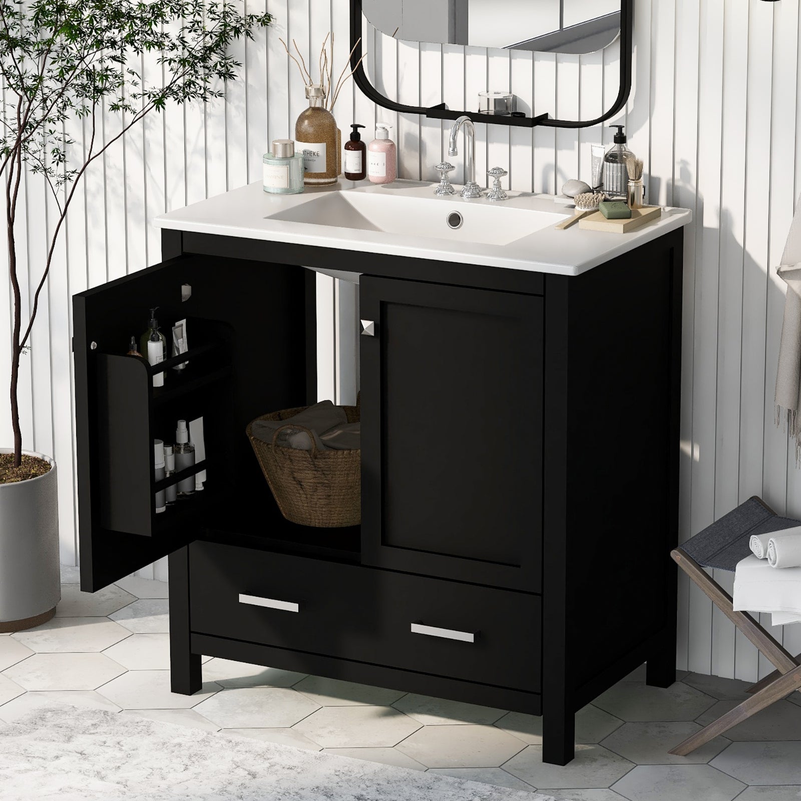 30" Black Bathroom Vanity with Sink & Storage Cabinet