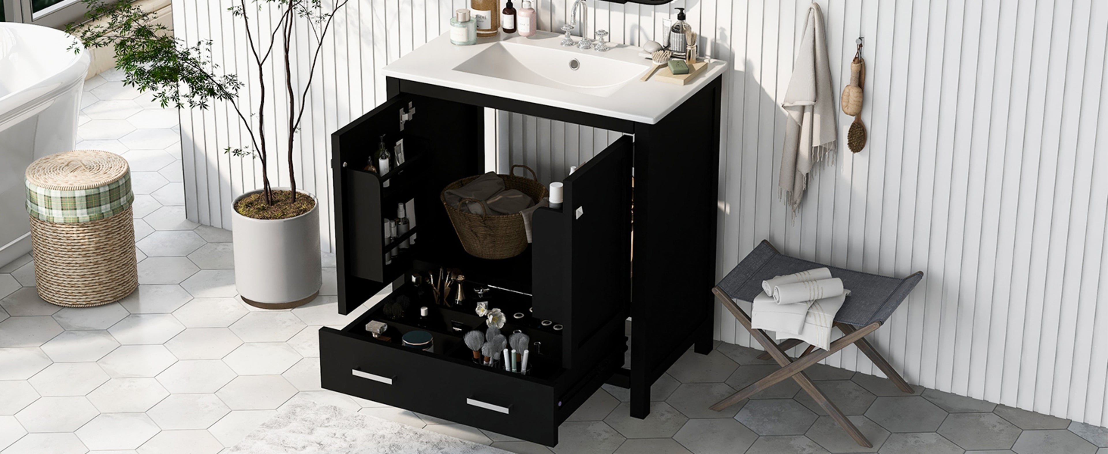 30" Black Bathroom Vanity with Sink & Storage Cabinet