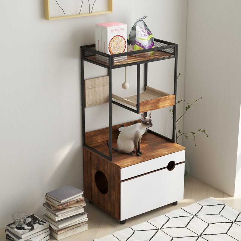 Cat Litter Box Enclosure with Cat Tree and Cabinet Furniture