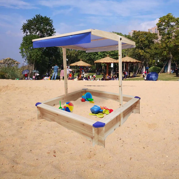 Children's Wooden Sandbox with Adjustable Canopy for Outdoor Play