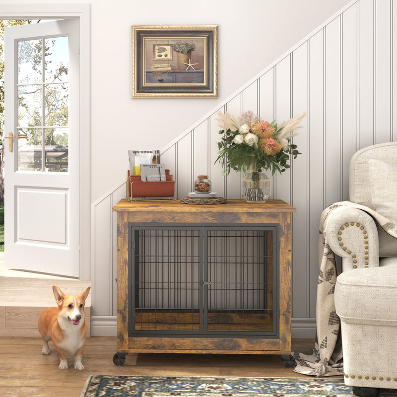 Rustic Brown Dog Crate Side Table with Wheels & Lift Top