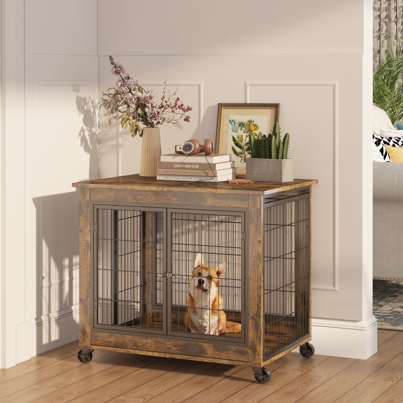 Rustic Brown Dog Crate Side Table with Wheels & Lift Top