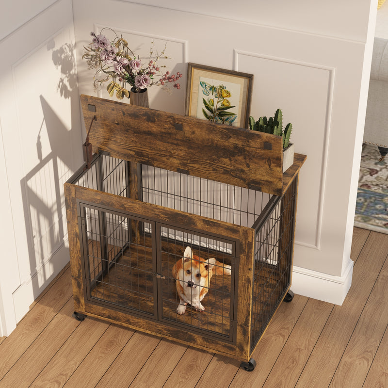 Rustic Brown Dog Crate Side Table with Wheels & Lift Top