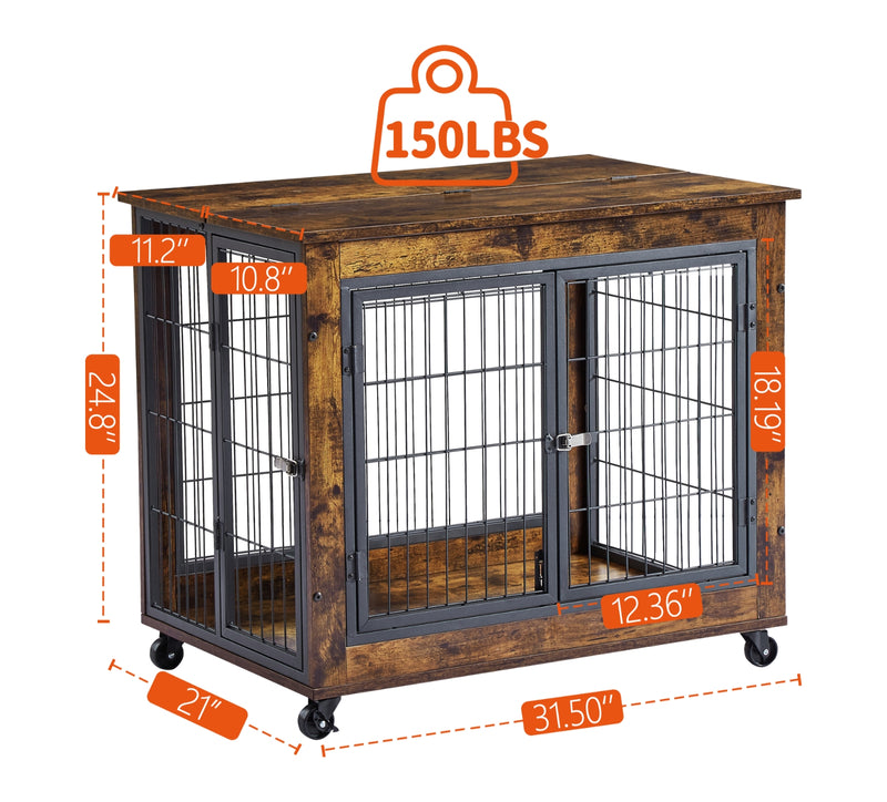 Rustic Brown Dog Crate Side Table with Wheels & Lift Top