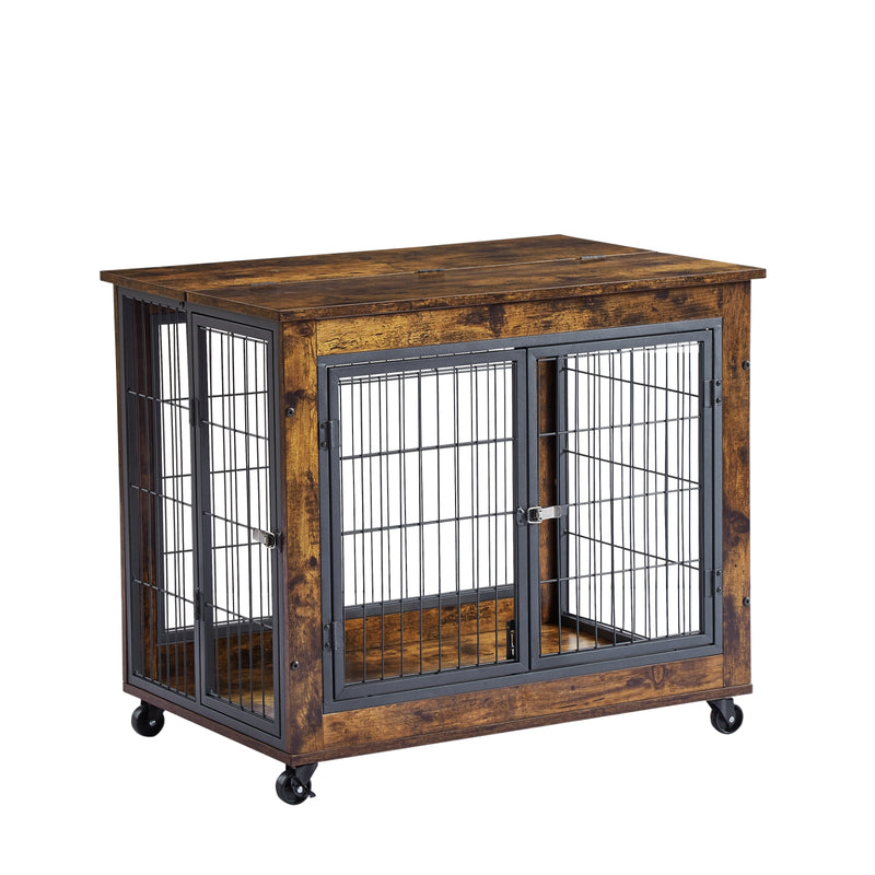 Rustic Brown Dog Crate Side Table with Wheels & Lift Top