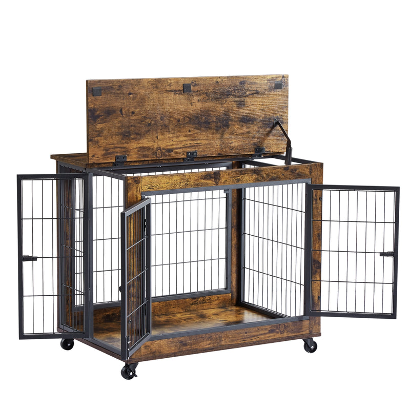 Rustic Brown Dog Crate Side Table with Wheels & Lift Top