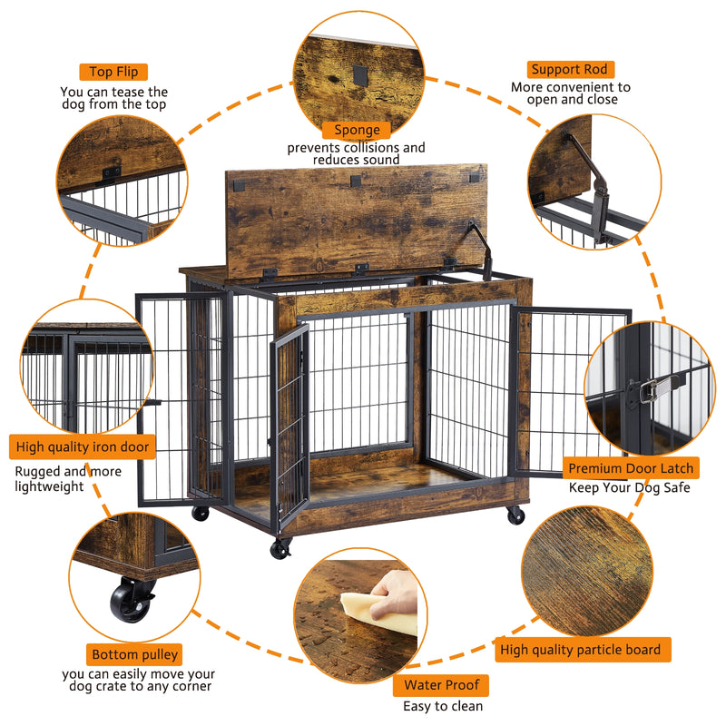 Rustic Brown Dog Crate Side Table with Wheels & Lift Top